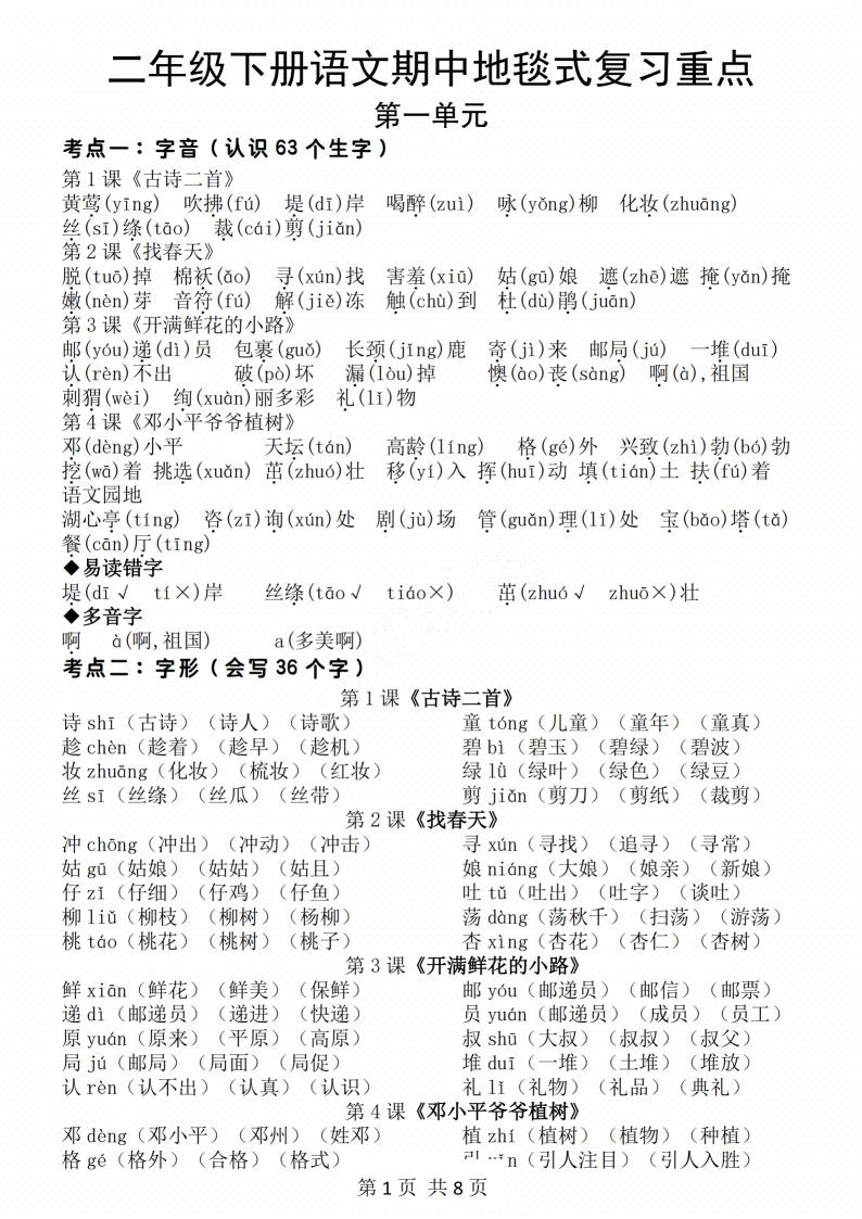 二年级下册语文期中地毯式复习重点8页-秒懂