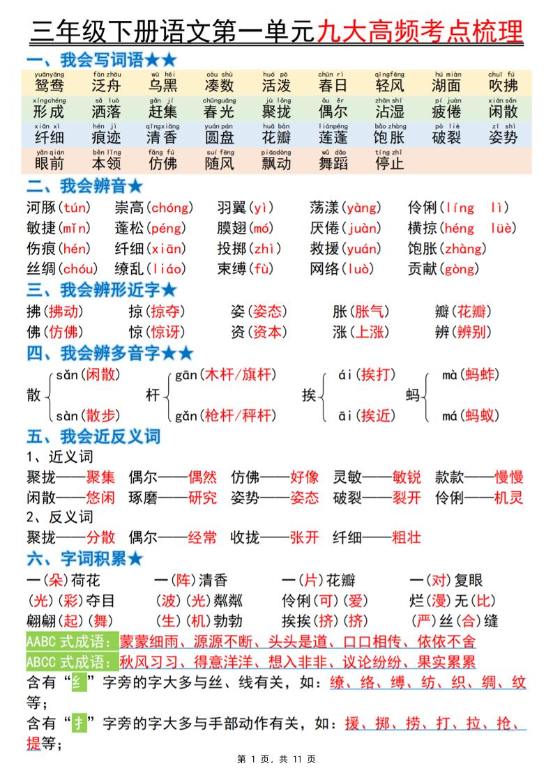 三下语文期中复习1-4单元高频考点梳理（11页）-秒懂