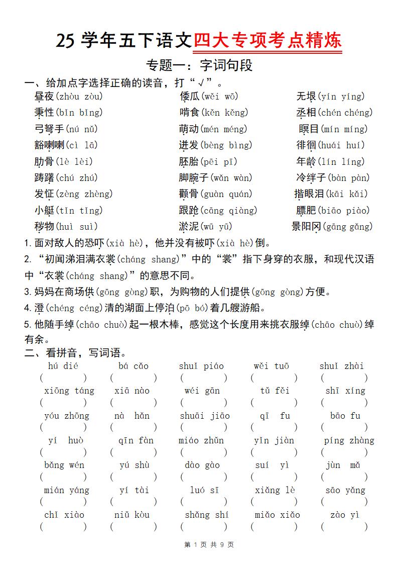 25学年五下语文四大专项考点精炼（专题一：字词句段）-秒懂