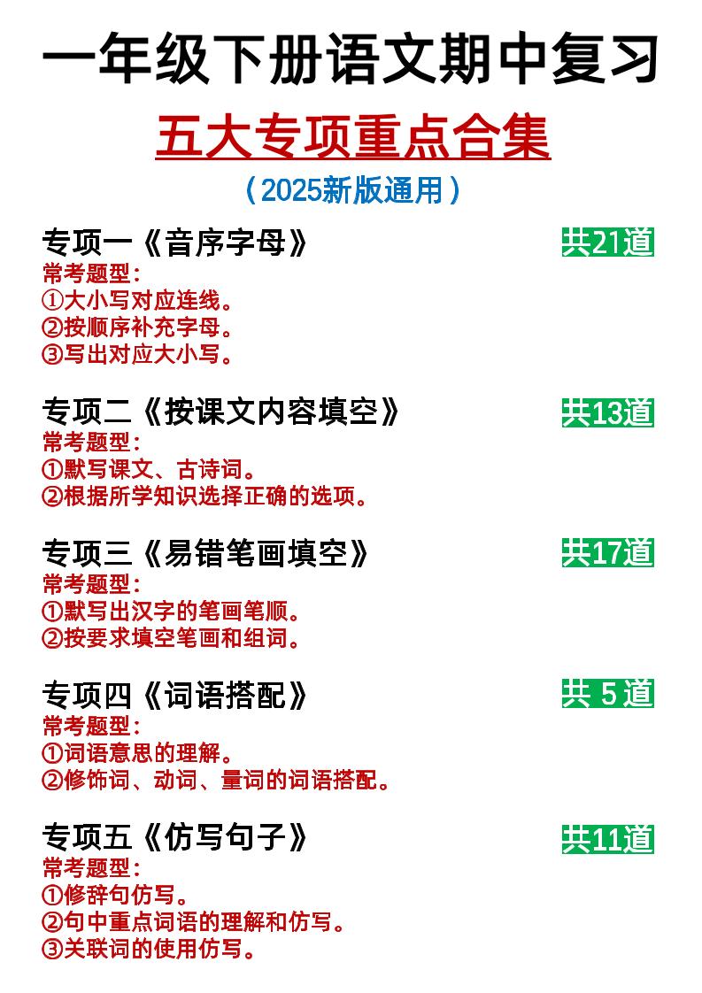 25新一下语文期中复习五大专项重点合集14页-秒懂