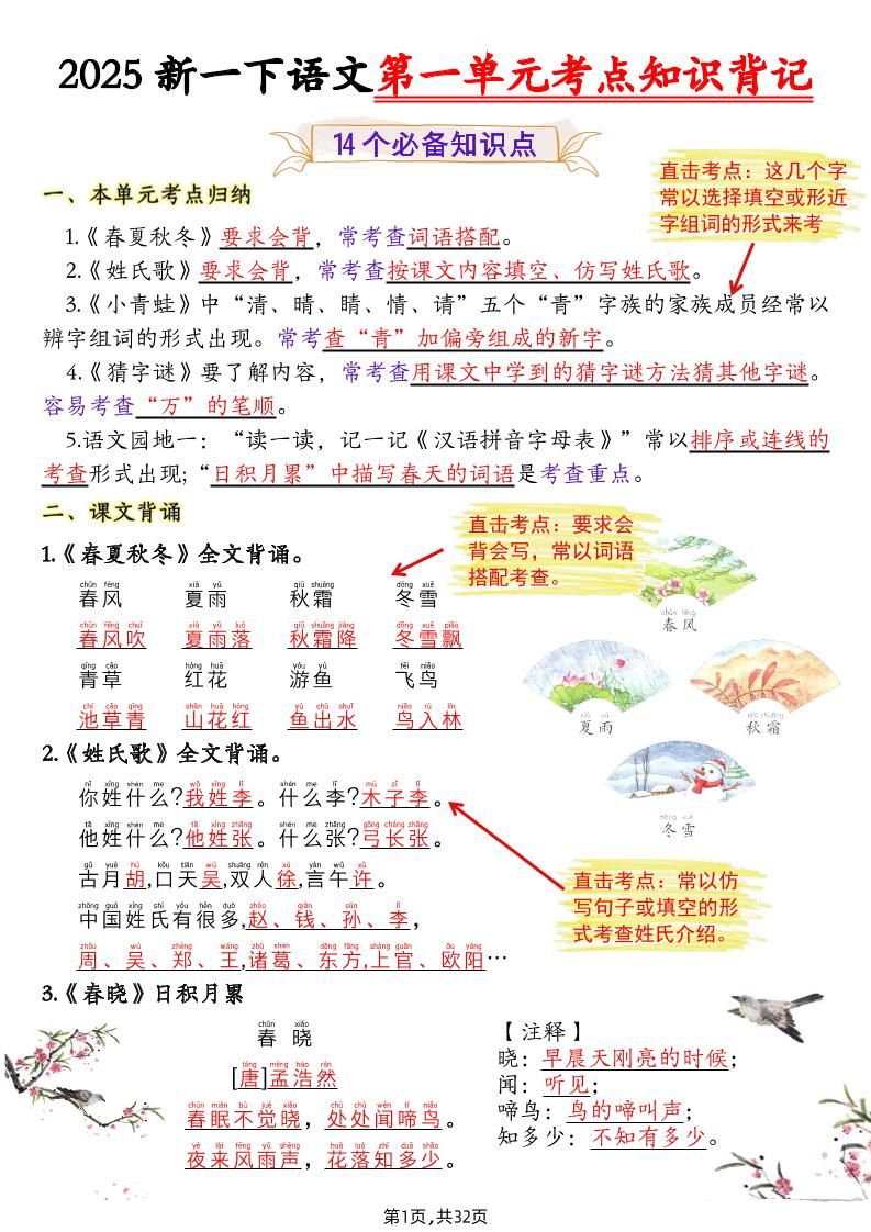 25新一下语文1-8单元考点知识背记（32页）-秒懂