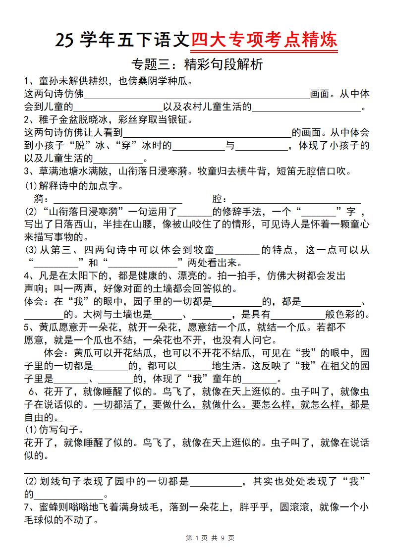 25学年五下语文四大专项考点精炼（专题三：精彩句段解析）-秒懂
