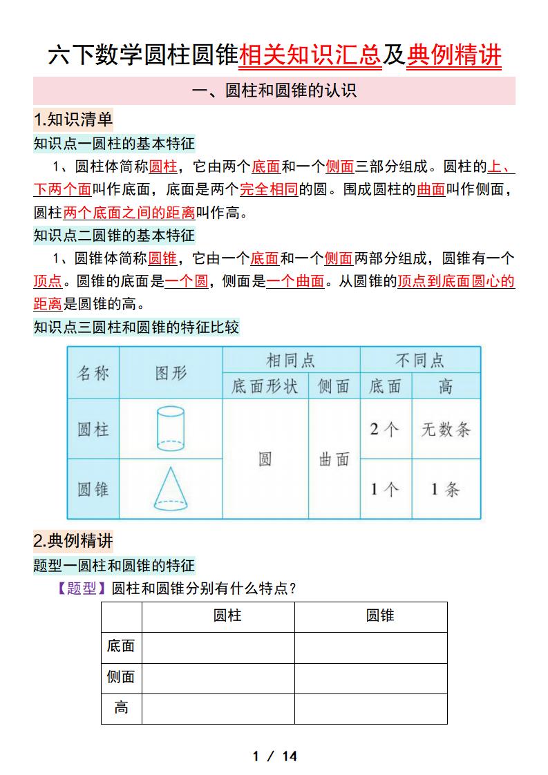 六下数学圆柱圆锥相关知识汇总及典例精讲-秒懂