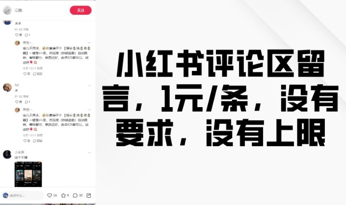 小红书评论区留言，1元条，没有要求，没有上限-秒懂