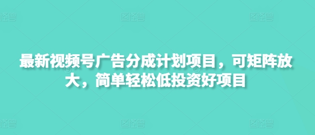 最新视频号广告分成计划项目，可矩阵放大，简单轻松低投资好项目-秒懂
