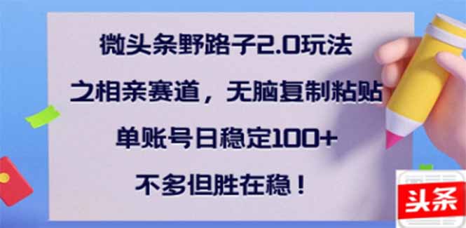 微头条野路子2.0玩法之相亲赛道，无脑搬砖复制粘贴，单账号日稳定300+…-秒懂