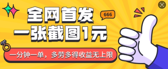 全网首发，一张截图1块钱，一分钟一单，多劳多得，收益无上限-秒懂