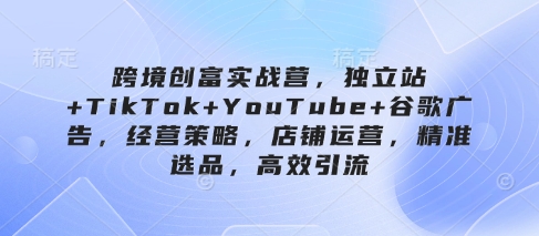 跨境创富实战营，独立站+TikTok+YouTube+谷歌广告，经营策略，店铺运营，精准选品，高效引流-秒懂