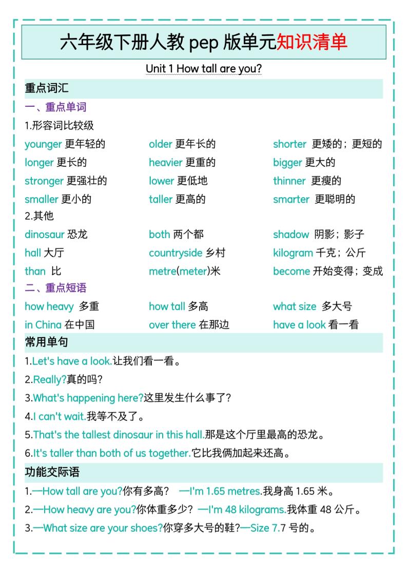 六下英语人教pep版单元知识清单-秒懂