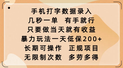 手机打字数据录入，几秒一单，有手就行，只要做当天就有收益，暴力玩法一天低保2张-秒懂