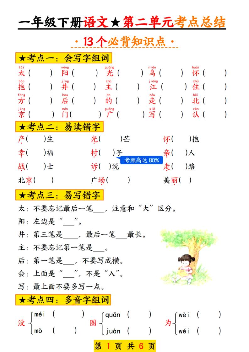 2025新版一年级语文下册第二单元考点总结13个必背-秒懂