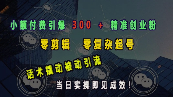 小额付费引爆 300 + 精准创业粉，零剪辑、零复杂起号，话术撬动被动引流，当日实操即见成效-秒懂