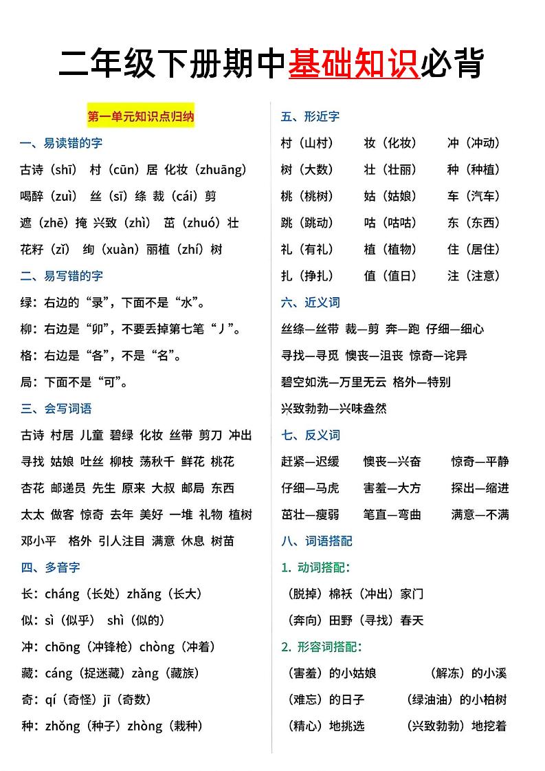 二年级语文下册期中基础知识必背5页-秒懂